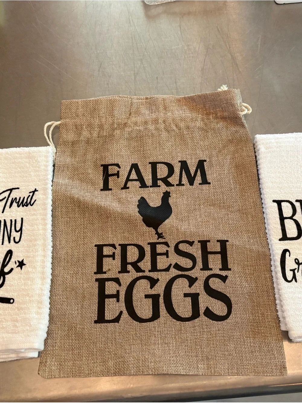 Farm Fresh Eggs Burlap Drawstring Bag - Natural Brown with 2 hand towels New!